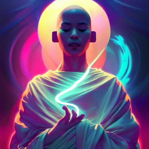 Image similar to a floating monk meditating, channeling swirling energy, wearing cyberpunk clothing, vaporwave aesthetic, colorful, psychedelic, digital painting, artstation, concept art, smooth, sharp focus, illustration, art by artgerm and greg rutkowski and alphonse mucha