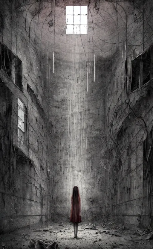 Image similar to vertical movie frame portrait of girl inside abandoned school, ominous backrooms at distance seen through big broken wall, giger interior design, architectural design, vintage, liminal aesthetic, dreamcore, weirdcore, clean lines, wide angle, by wayne barlowe, tsutomu nihei, zdzislaw beksinski,