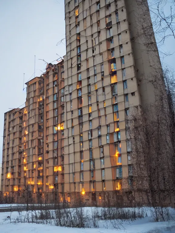 Image similar to soviet residential building in a residential area of russia, lights are on in the windows, night, starry sky, post - soviet courtyard, cozy atmosphere, light fog, street lamps with orange light, several birches nearby, several elderly people stand at the entrance to the building