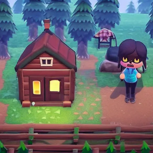 Prompt: a photo of a Eerie cabin in the middle of the woods in the style of Animal Crossing new horizons, gameplay footage