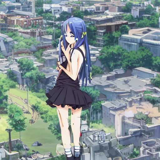 Image similar to anime girl looks from a cliff at a huge city