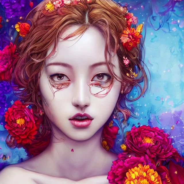 Image similar to studio portrait absurdly beautiful, elegant, graceful, young hypercolorful sensual gravure idol rubies red petals gems, ultrafine hyperrealistic detailed face illustration by kim jung gi, irakli nadar, intricate linework, sharp focus, bright colors, matte, octopath traveler, final fantasy, unreal engine highly rendered, global illumination, radiant light, intricate rainbow environment