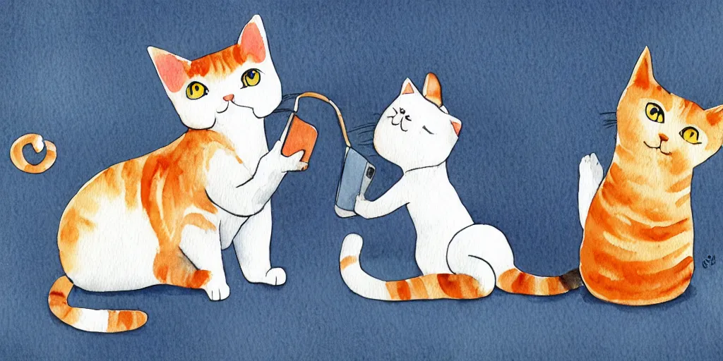 Prompt: watercolor illustration style, cute cat call to another cat by mobile phone