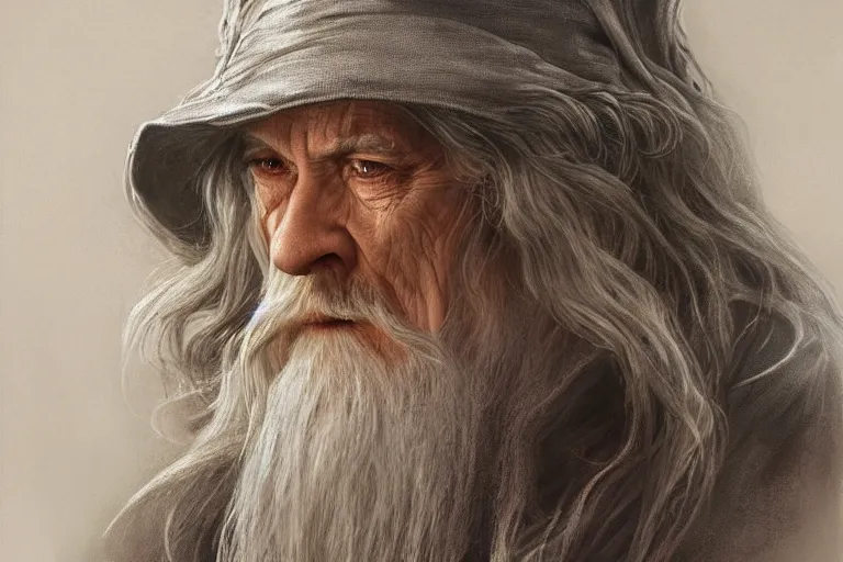 Prompt: Gandalf from Lord of the Rings, diffuse lighting, fantasy, intricate, elegant, highly detailed, lifelike, photorealistic, digital painting, artstation, illustration, concept art, smooth, sharp focus, art by John Collier and Albert Aublet and Krenz Cushart and Artem Demura and Alphonse Mucha