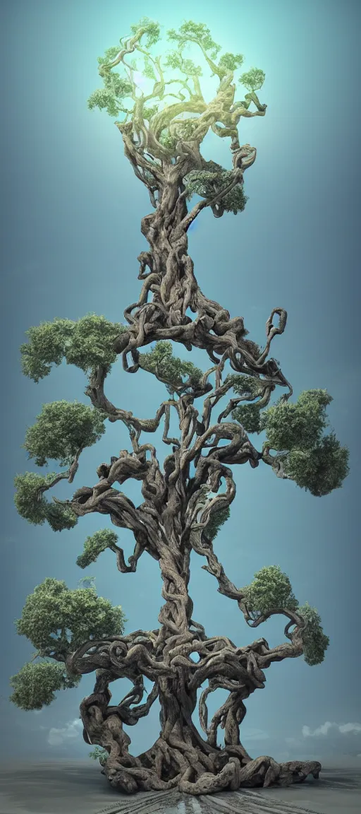 Prompt: extremely tall ancient knotted twisted otherworldly tree portal through space and time :: cel shading, toon shading, dreamworks, dreamworks animation style, fujifilm x100v, muted colors, dull colors, pastel colors, lots of colors, colorful, 3D rendered by substance designer, substance designer render