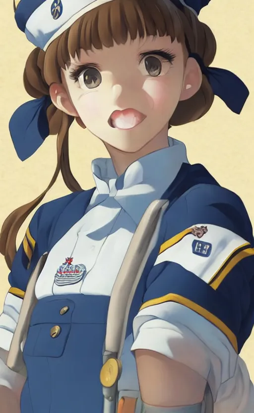 Prompt: portrait of a shipgirl in sailor uniform, highly detailed, high resolution, military naval port in the background, the front of a modern trading card, illustration, character concept art, stunning, kancolle style, matte, 100mm, by japanese artist shibafu, realistic human anatomy, realistic military carrier, modern warfare, realistic gun design, digitally draw on wacom tablet, low saturation, small eyes, hard surfaces