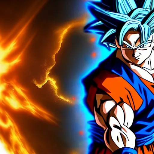 Prompt: Still of Sam heughan as Goku in Dragon ball live action movie powerful epic light blue and Orange