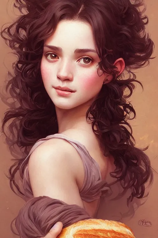 Image similar to beautiful goblincore of a girl with short black curly hair, round face, cute face, holding a loaf of bread. intricate, elegant. highly detailed, digital painting, artstation, concept art, smooth, sharp, focus, illustration. . art by artgerm and greg rutkowski and alphonse mucha