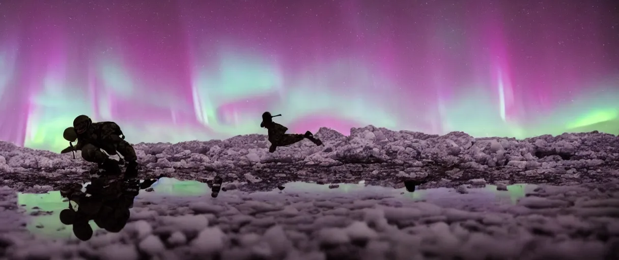 Prompt: an extreme closeup movie like 3 5 mm film depth of field photograph of a soldier falling face first into a small reflective puddle of dark red wine under the northern lights in antarctica at night, in the style of a horror film