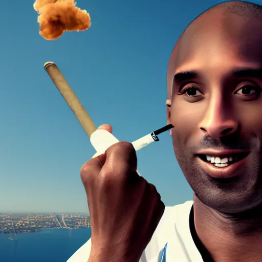 Image similar to selfie of kobe bryant holding a giant cigarette in a helicopter filled with smoke, 8k resolution, hyper detailed