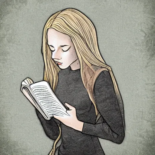 Prompt: dnd style portrait of a girl reading a book, her hair flowing down