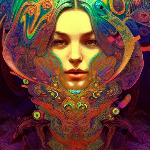 Image similar to An extremely colorful psychedelic experience, warping time and space, magic mushrooms, psilocybin, LSD, face, detailed, intricate, elegant, highly detailed, digital painting, artstation, concept art, smooth, sharp focus, illustration, art by Krenz Cushart and Artem Demura and alphonse mucha