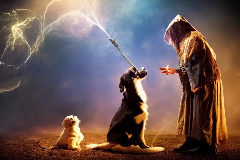 Image similar to puppy wizard casting a magic spell on an evil witch, majestic pose, dramatic lighting, cinematic scene