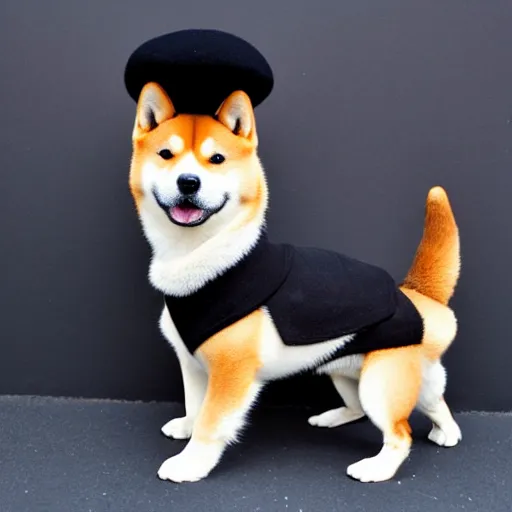 Image similar to A Shiba Inu dog wearing a beret and black turtleneck