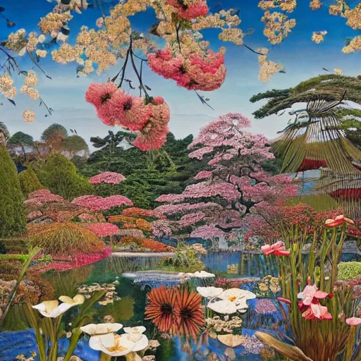 Prompt: complex and beautiful japanese garden full of flowers by james jean and salvador dali, oil on canvas, bitcoin, exquisitely intricate details, surrealism, neoclassicism, renaissance, hyper realistic, ultra detailed, cell shaded, 8 k