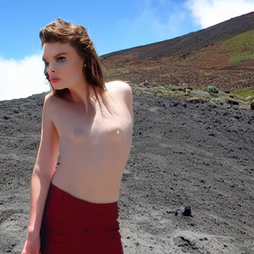 Prompt: fashion model standing at the edge of etna vulcan