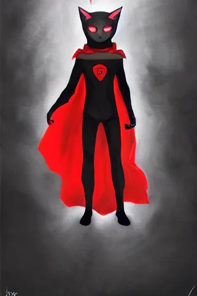 Prompt: little boy with cat ears in an black outfit with red cape. digital artwork made by lois van baarle and james jean and marc simonetti, sharpness focus, inspired by hirohiko araki, anatomically correct, heroic composition, hero pose, smooth