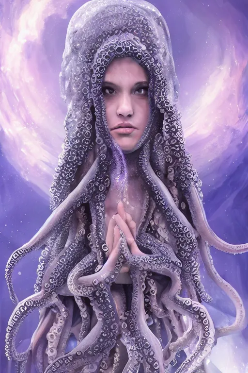 Image similar to young angelina golie portman as an octopus witch dressed in intricate silver clothing surrounded by underwater particles above sharks and sea creatures, fantasy, wlop, trending on artstation, deviantart, anime key visual, official media, professional art, 8 k uhd