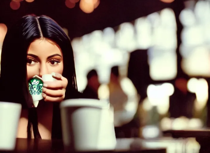 Image similar to a close - up, color cinema film still of kylie jenner drinking coffee at a starbucks, ambient lighting at night, from matrix ( 1 9 9 9 ).