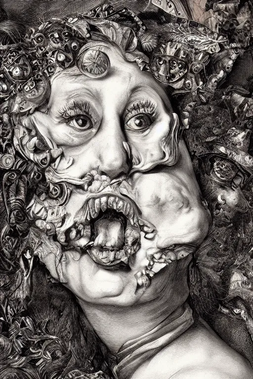 Image similar to Detailed maximalist portrait with large lips and with large eyes, angry expression, HD mixed media, 3D collage, highly detailed and intricate illustration in the style of Caravaggio, dark art, baroque