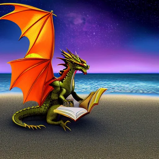 Prompt: Dragon on a beach reading a book under the stars