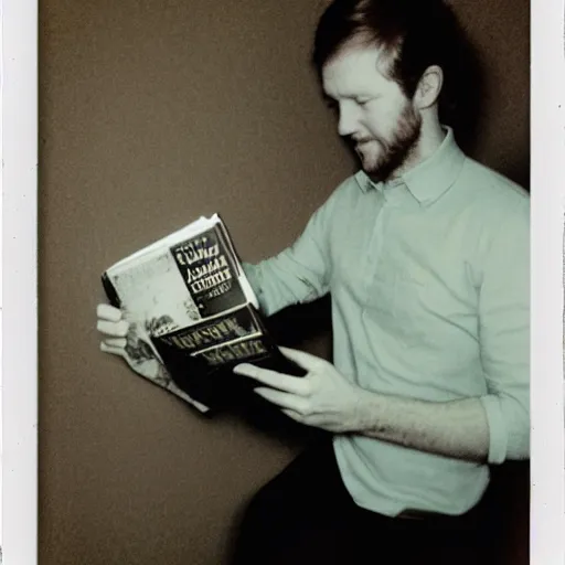 Image similar to donal gleeson with a book, 7 0 - s, polaroid photo, by warhol,