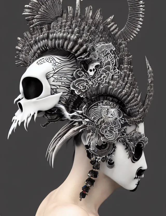 Image similar to 3 d goddess close - up profile simple portrait punk skull with mohawk with ram skull. beautiful intricately detailed japanese crow kitsune mask and clasical japanese kimono. betta fish, jellyfish phoenix, bio luminescent, plasma, ice, water, wind, creature, artwork by tooth wu and wlop and beeple and greg rutkowski