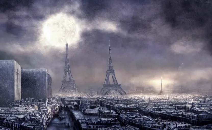 Image similar to nuclear winter, paris, near future, fantasy, sci - fi, hyper realistic, serene.