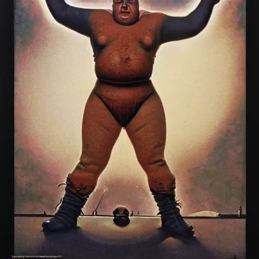 Prompt: dynamic upper body portrait of wrestler giant haystacks as baron harkonnen in 1982 movie dune, by norman rockwell and boris vallejo