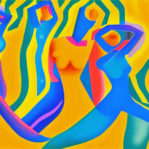 Image similar to the women gathered by the river to dance as the sun rose behind the mountains , high quality digital art in the style of cubism and georgia o’ keefe,