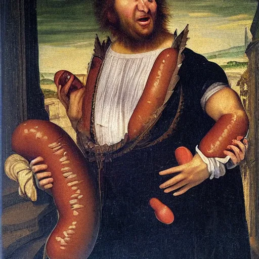 Prompt: a renaissance oil painting of a man eating way too many hotdogs, his stomach is distended, his expression is pure elation, high art, 8 k
