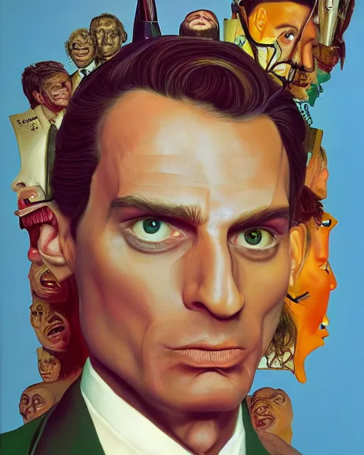 Prompt: a surrealistic portrait of Patrick Bateman, centered face, painting by Patrick Woodroffe and Salvador Dali, highly detailed, trending on artstationhq