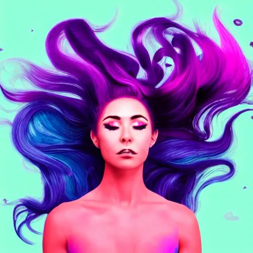 Image similar to a award winning action upper body portrait of a beautiful woman with a ombre purple pink hairstyle with head in motion and hair flying, outrun, vaporware, vivid colors, highly detailed, fine detail, intricate