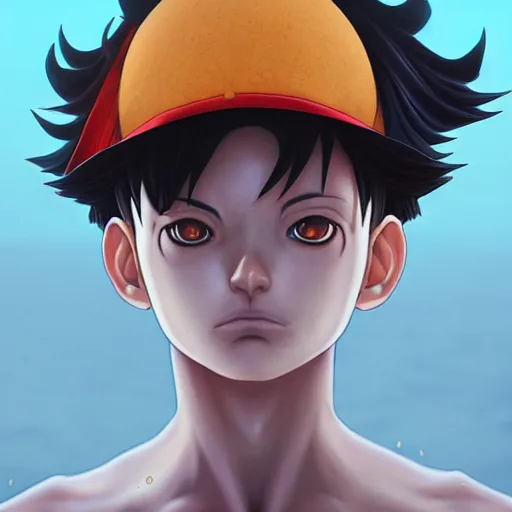 Prompt: symmetry, portrait of luffy at the sea, art by chengwei pan, art by viktoria gavrilenko, detailed, intricate, octane, trending on artstation