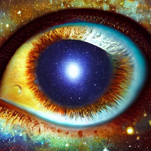 Image similar to a highly detailed photorealistic painting of the milky way galaxy reflecting off a human eye