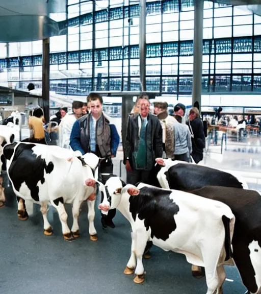 Prompt: people mixed with dairy cow gene at the airport technoir