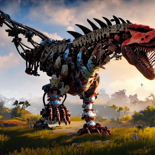 Image similar to gameplay of horizon zero dawn, si - fi robotic tyrannosaurus rex, highly detailed