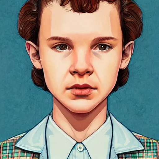 Image similar to beautiful side portrait of Eleven from Stranger things by martine johanna, artstation winner,figurativism!!!!, portrait, lines!!!!,