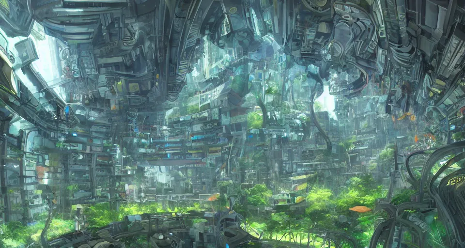 Prompt: the cyber temple in the robo-jungles, wide-angle shot, angled view, fisheye lens, , animation background painting from 2025, up-angle view, macabre, burtonesque, two point perspective, clean scan, artstation trending, studio ghibli, animatrix, 8k