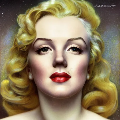 Image similar to Masterpiece head and shoulders portrait of marilyn monroe drawn by Donato Giancola and Tom Bagshaw, Edmund Leighton, Alphonse Mucha, background by James Jean and Gustav Klimt, 4k, porcelain skin, volumetric lighting, komorebi, french nouveau, trending on artstation, octane render, hyperrealistic