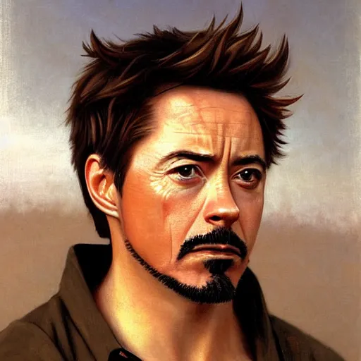 Image similar to Bouguereau painting .close up of attractive robert downey tony stark.wearing iron man armor