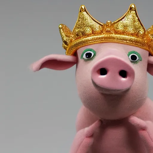 Image similar to pig wearing a gold crown depicted as a muppet holding box 8k