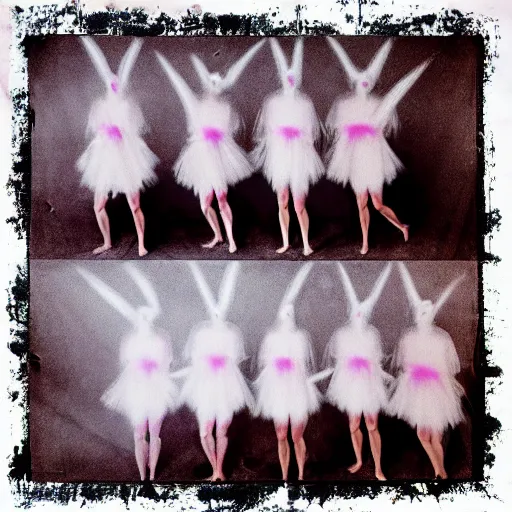 Prompt: pinhole photo of dancers made from cotton candy in big geometric MASKS, smudge, lo fi, mix, texture