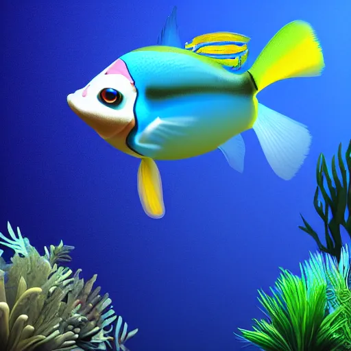 Prompt: 3 d render of a cute tropical fish in an aquarium on a dark blue background, digital art