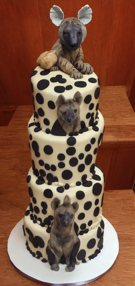 Prompt: birthday cake with a hyena sitting on top of the cake