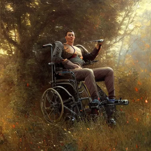 Prompt: handsome portrait of a wheelchair guy fitness posing, radiant light, caustics, war hero, smooth face shaven, one legged amputee, surrounded by swarm of monarch butterflies, by gaston bussiere, bayard wu, greg rutkowski, giger, maxim verehin