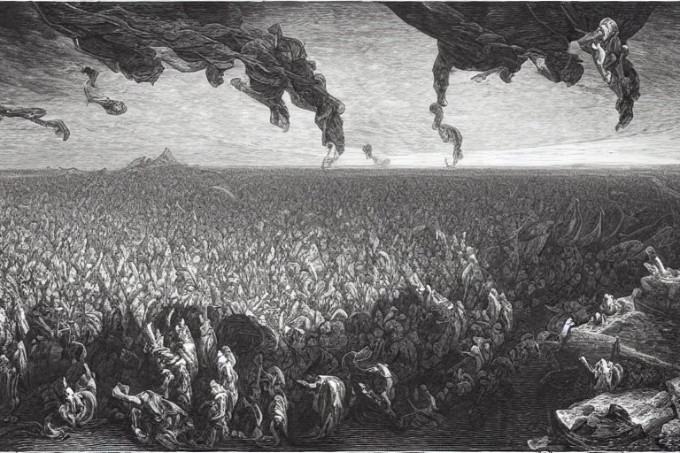 Image similar to aerial view, the biblical crossing of the red sea, Gustave Dore lithography