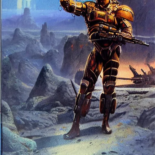 Prompt: schwarzenegger in armored suit and weapons, art by bruce pennington