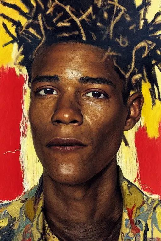 Image similar to portrait of Jean Michel Basquiat outside during golden hour, intricate, elegant, dramatic lighting, rugged face, highly detailed, lifelike, photorealistic, digital painting, artstation, illustration, concept art, smooth, sharp focus, art by John Collier and Albert Aublet and Krenz Cushart and Artem Demura and Alphonse Mucha