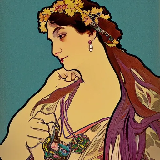 Prompt: art nouveau illustration of a south american woman touching the head of a llama, her face shown in profile, in the style of alphonse mucha